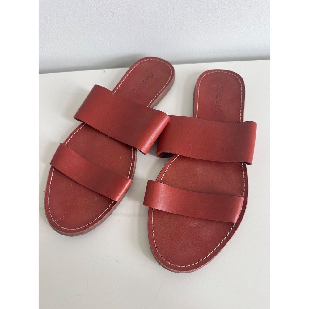 Madewell Sandal Womens 10 Boardwalk Double Strap Flat Leather Slip On Burnt Red